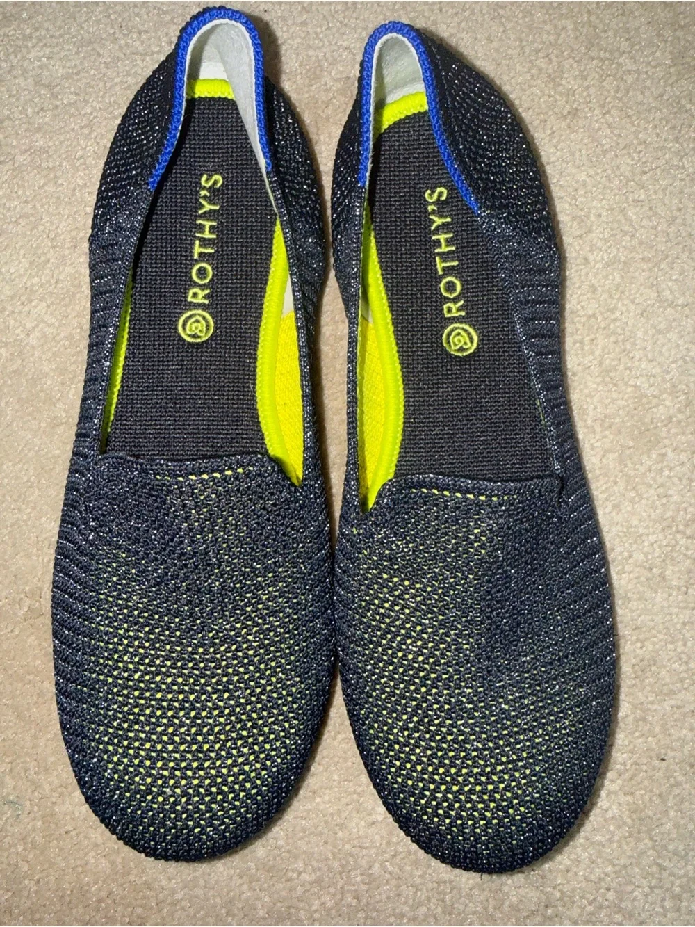 Rothy's Kids Blue with Neon Yellow Slip-On Flats Metallic Lattice NWT